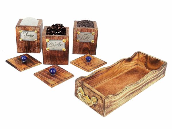 Natural finish wooden jar set with tray for tabletop decoration