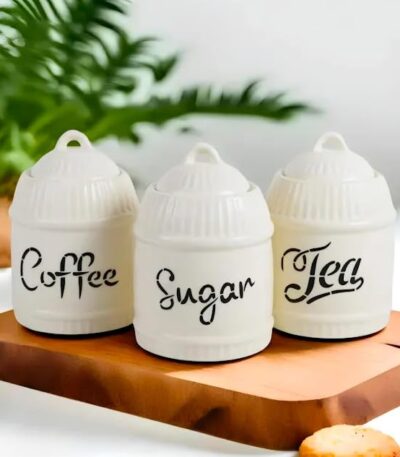 Modern ceramic canister set for kitchen storage labeled tea, coffee, sugar