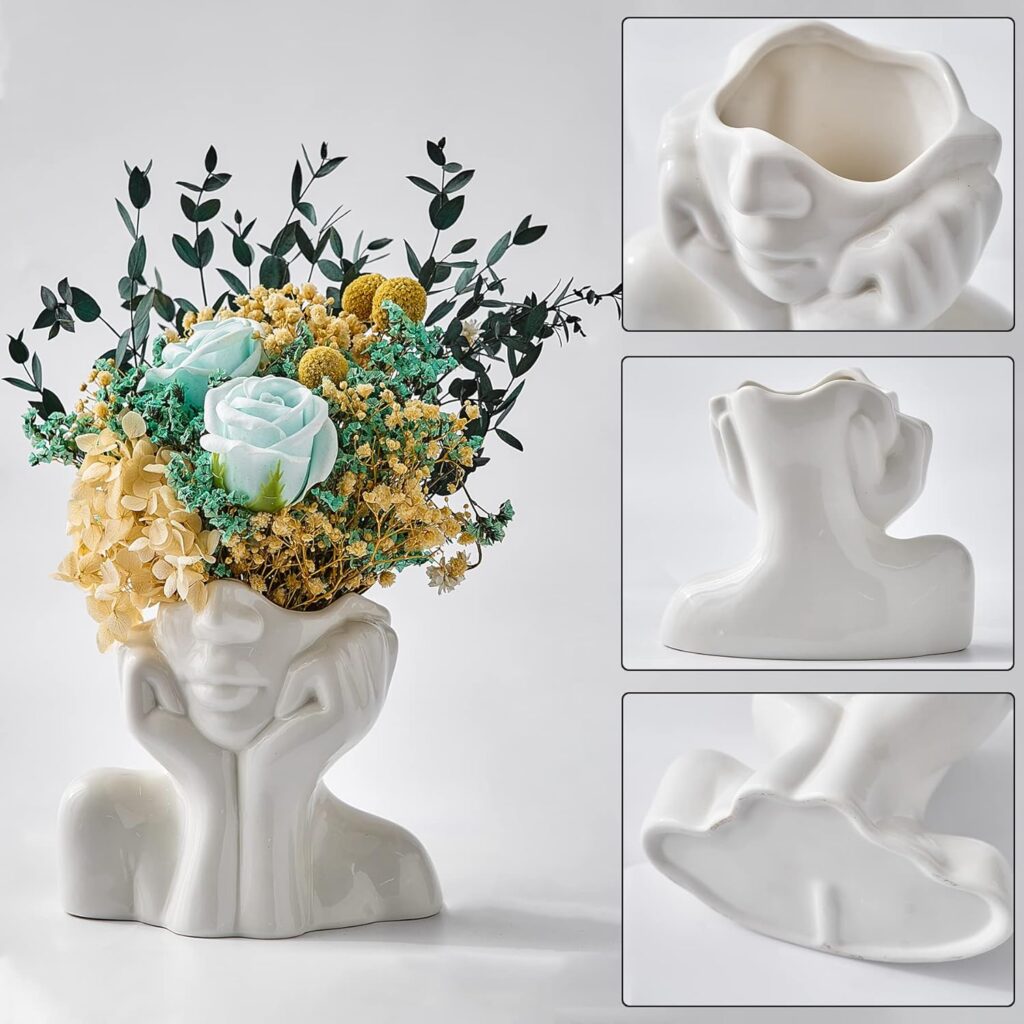 Minimalist white face-shaped ceramic vase for dried flowers or pampas grass