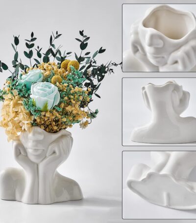 Minimalist white face-shaped ceramic vase for dried flowers or pampas grass