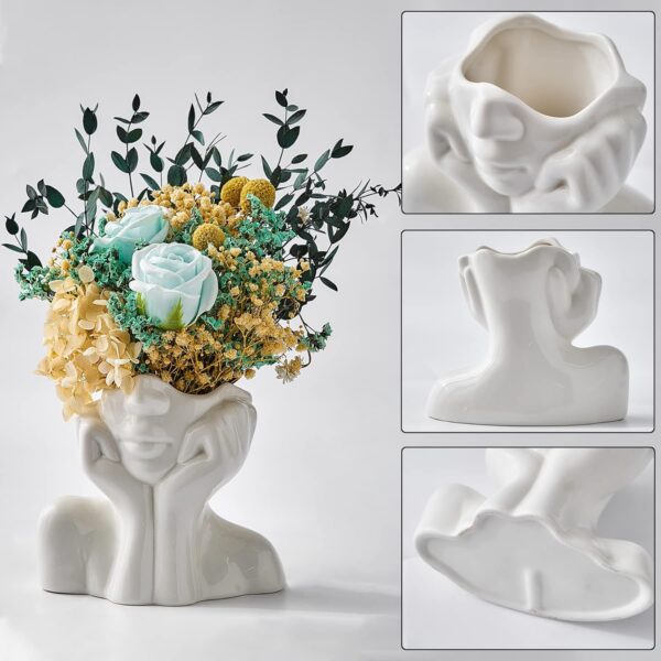 Minimalist white face-shaped ceramic vase for dried flowers or pampas grass