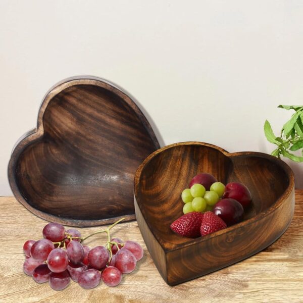 Natural wood heart shaped salad bowl with smooth finish