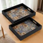 Handcrafted wooden tray with colorful mosaic design