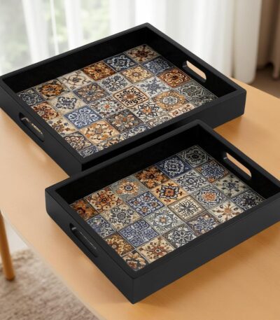 Handcrafted wooden tray with colorful mosaic design