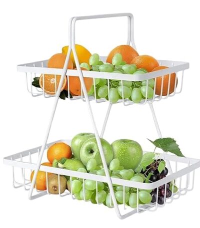 Two tier metal basket with handle for kitchen counter storage