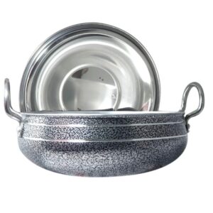 Close-up of Aluminum Cook and Serve Handi with Lid on kitchen counter
