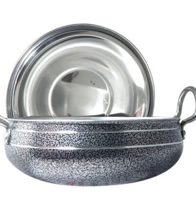 Close-up of Aluminum Cook and Serve Handi with Lid on kitchen counter