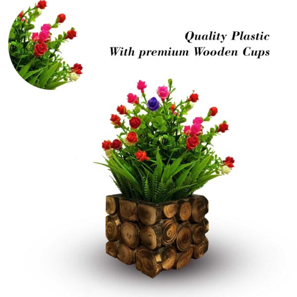 Artificial blooming plant with wooden style pot for tabletop