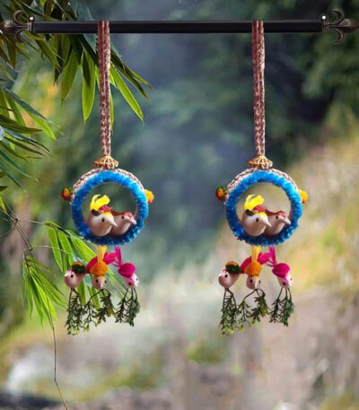 Handmade jute wall hanging bird nest with artificial birds