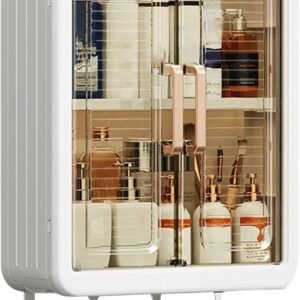 Bathroom storage cabinet with doors and multiple shelves