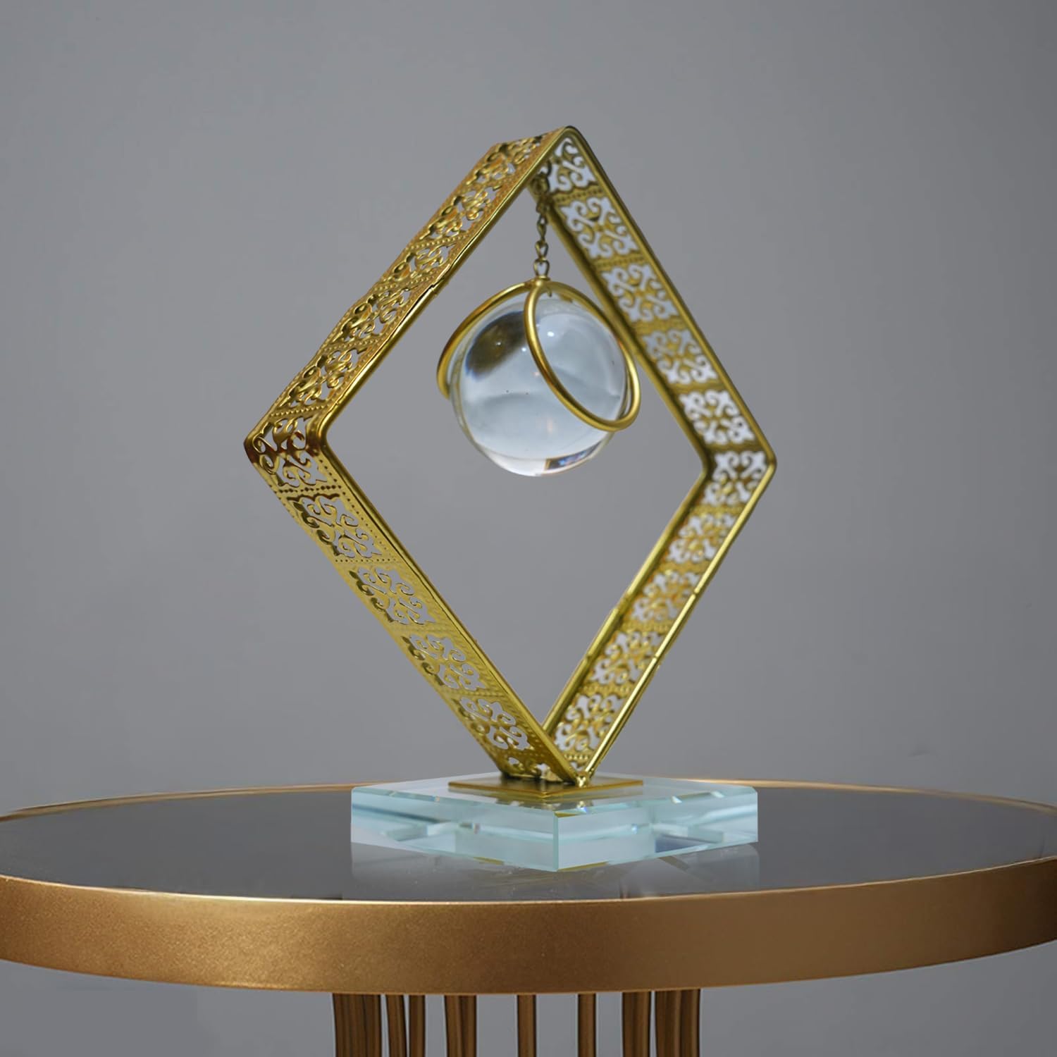 Clear Crystal Ball with Stand Light – Elegant Gold Art Deco Sphere for Home & Office Clear crystal ball with gold stand and LED light for luxury home décor