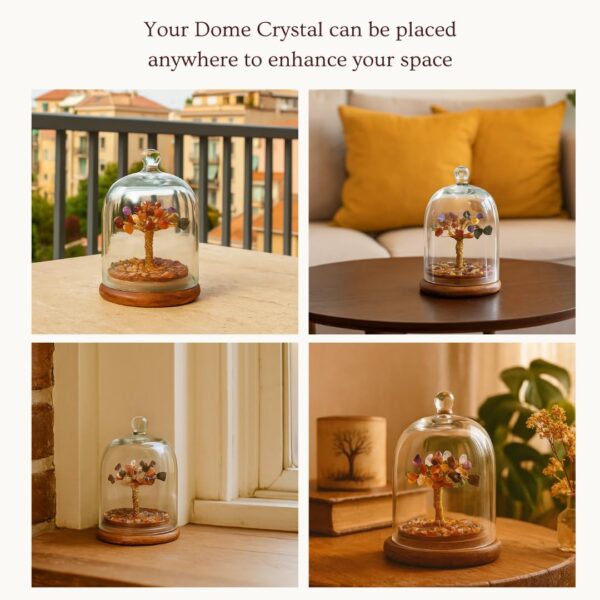 Vibrant gemstone chakra tree encased in transparent dome for good energy