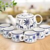 Ceramic Stag blue tea cup set with matching kettle
