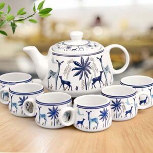 Ceramic Stag blue tea cup set with matching kettle