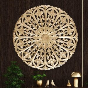 Handcrafted Round Jali Wood Carving Wall Panel for Home Décor
