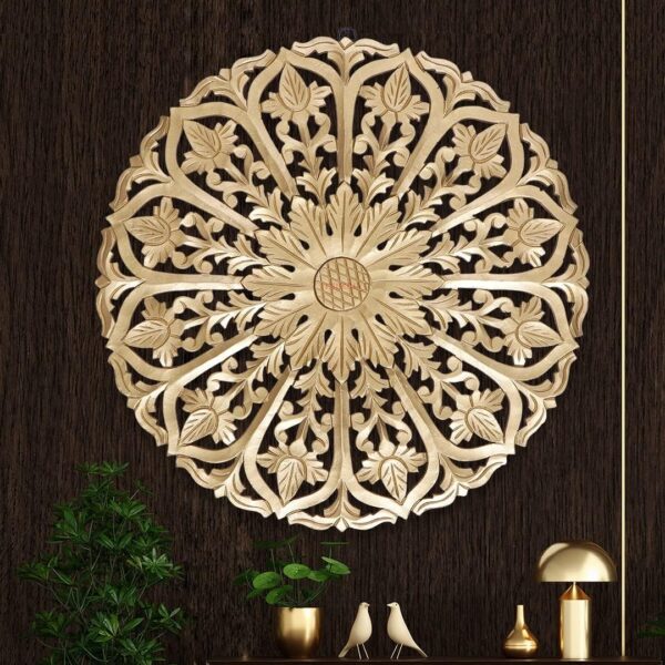 Boho Style Round Wooden Carved Jali Wall Panel for Aesthetic Décor