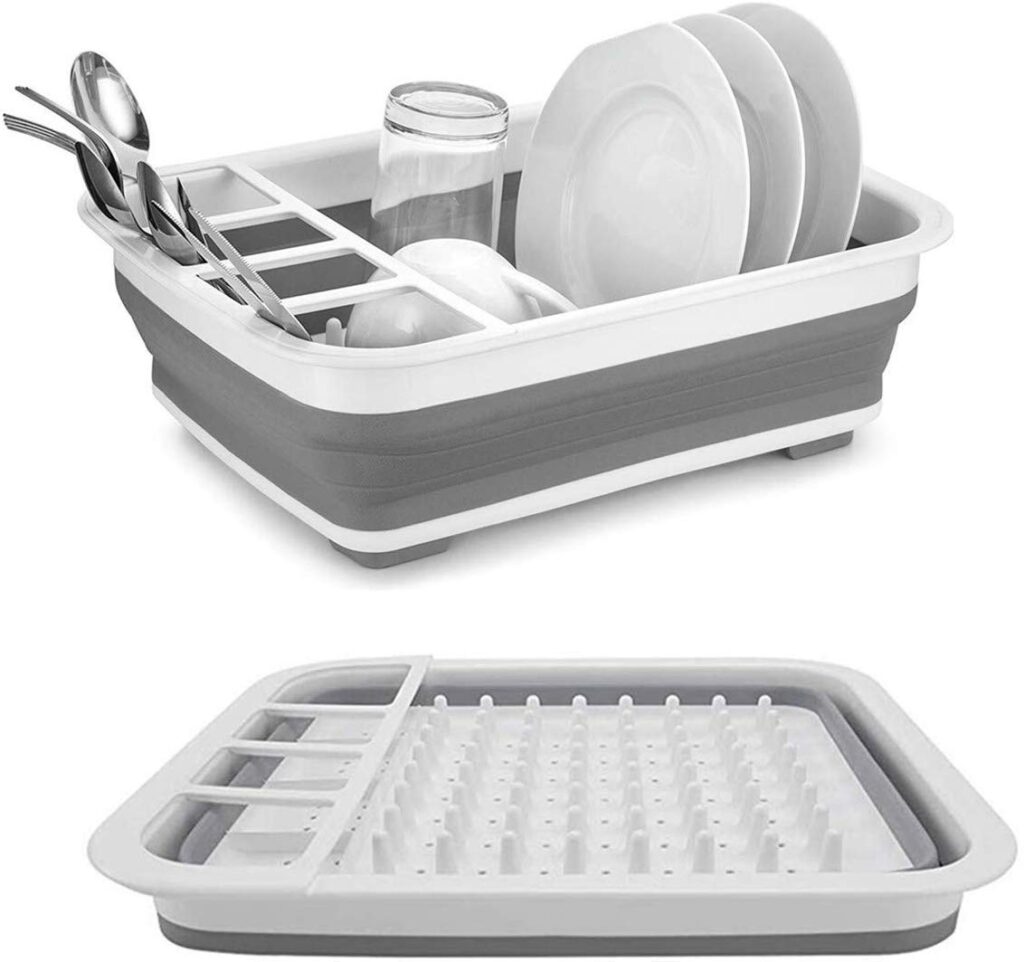 Foldable dish drying rack with plate and utensil compartments