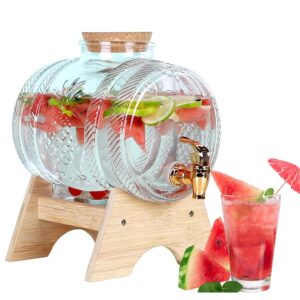 Transparent glass beverage dispenser with tap and elegant wooden base