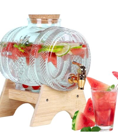 Transparent glass beverage dispenser with tap and elegant wooden base