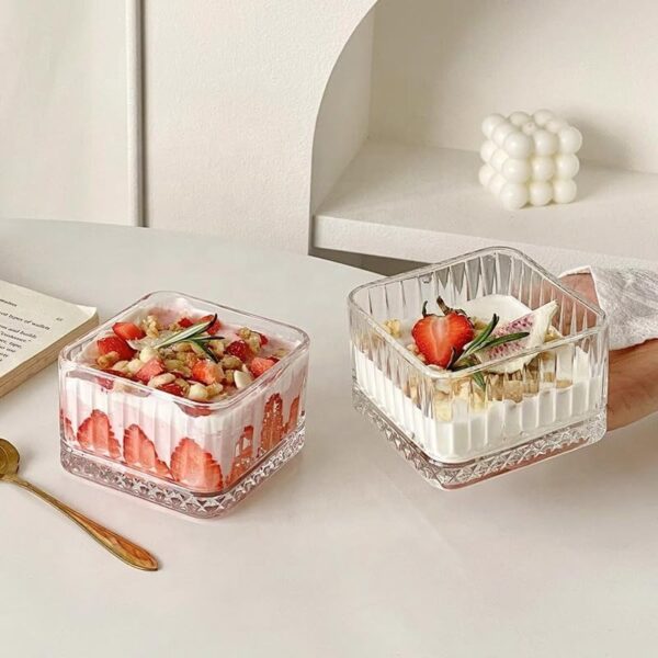 Ice cream parfait served in premium square glass bowl