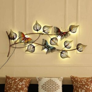 Modern metal leaf wall hanging with LED butterfly light