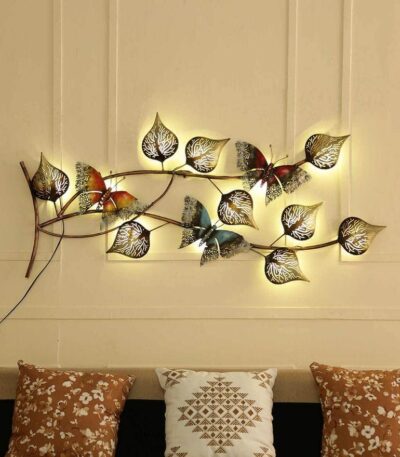 Modern metal leaf wall hanging with LED butterfly light