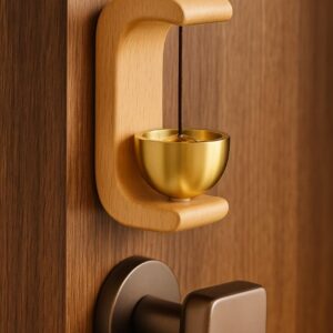 Close-up of wooden door chime with brass bell hanging near entrance.