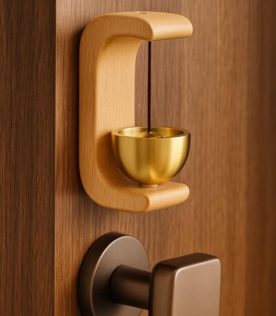 Close-up of wooden door chime with brass bell hanging near entrance.