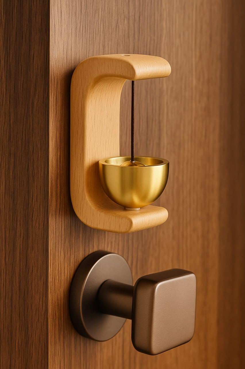 Wooden Door Chime with Brass Bell for Home Entrance Décor Close-up of wooden door chime with brass bell hanging near entrance.