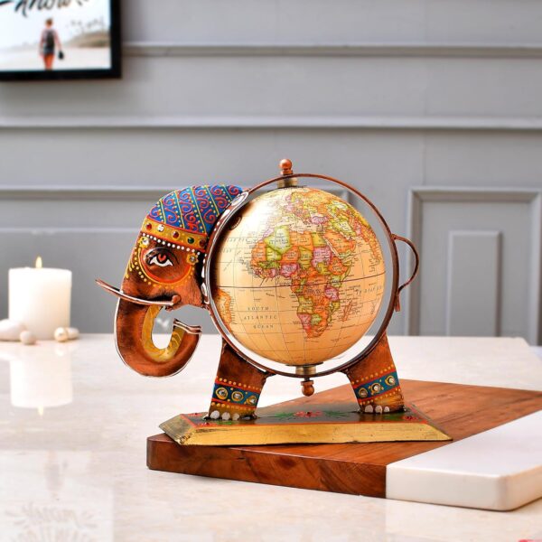 Metal elephant tabletop showpiece with decorative world globe