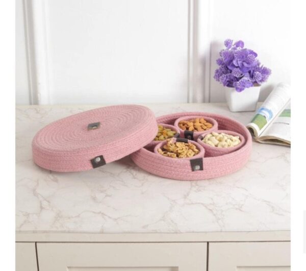 Dry fruit container tray with cotton rope handle and lid for stylish serving