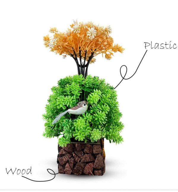 Mini artificial flower pot with coconut wood base for indoor decoration