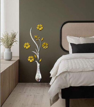 Golden Flower with Silver Acrylic Wall Sticker for Home Décor