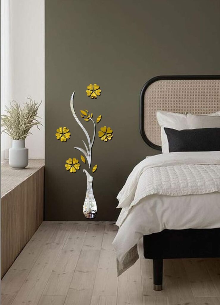 Golden Flower with Silver Acrylic Wall Sticker for Home Décor