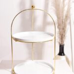 Round white and gold 2-tier metal cake stand for desserts