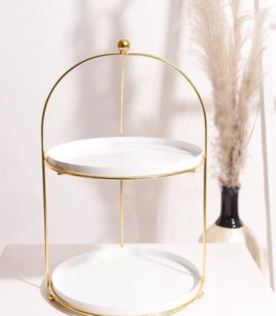 Round white and gold 2-tier metal cake stand for desserts