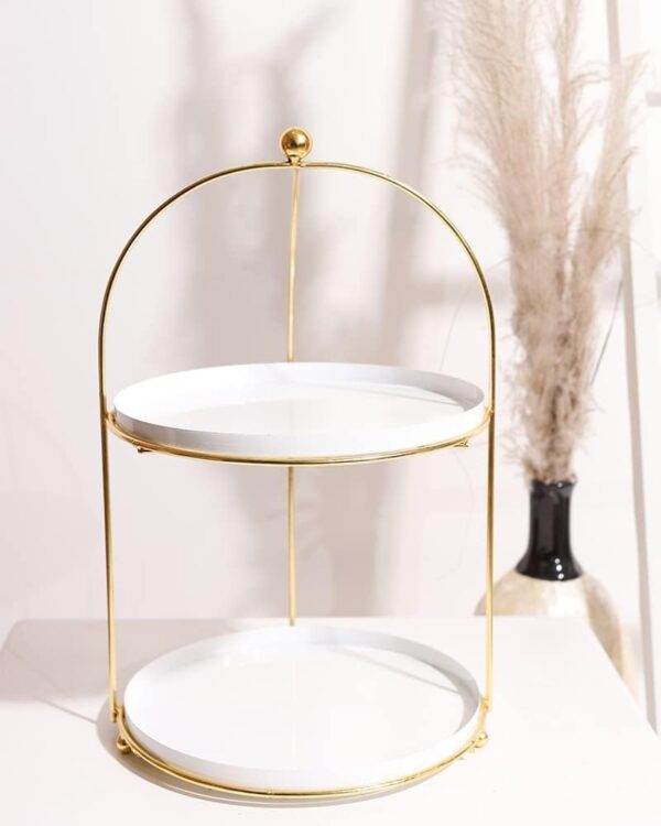 Round white and gold 2-tier metal cake stand for desserts