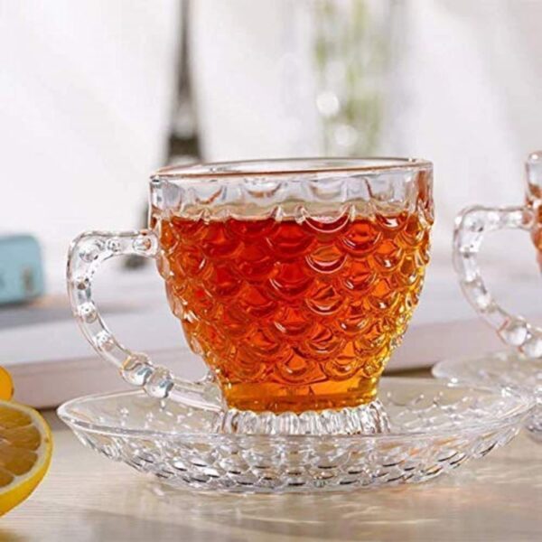 Durable glass tea cup with serving saucer for home decor