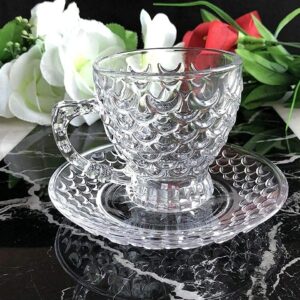 Premium clear glass tea cup with matching saucer set
