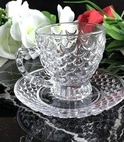 Premium clear glass tea cup with matching saucer set