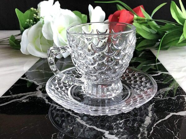 Premium clear glass tea cup with matching saucer set