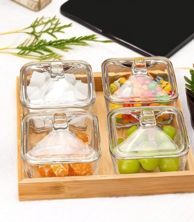 Premium Wooden Tray with Glass Bowls and Lids – Set of 4 for Serving Snacks