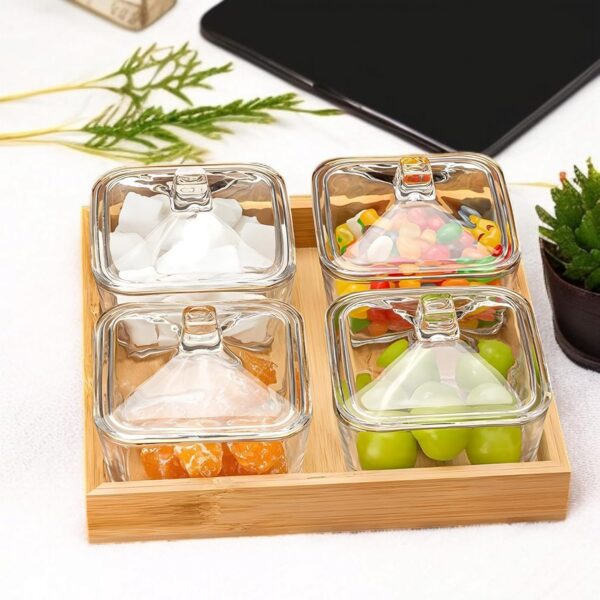 Eco-Friendly Wooden Tray with 4 Clear Glass Bowls and Lids for Table Serving