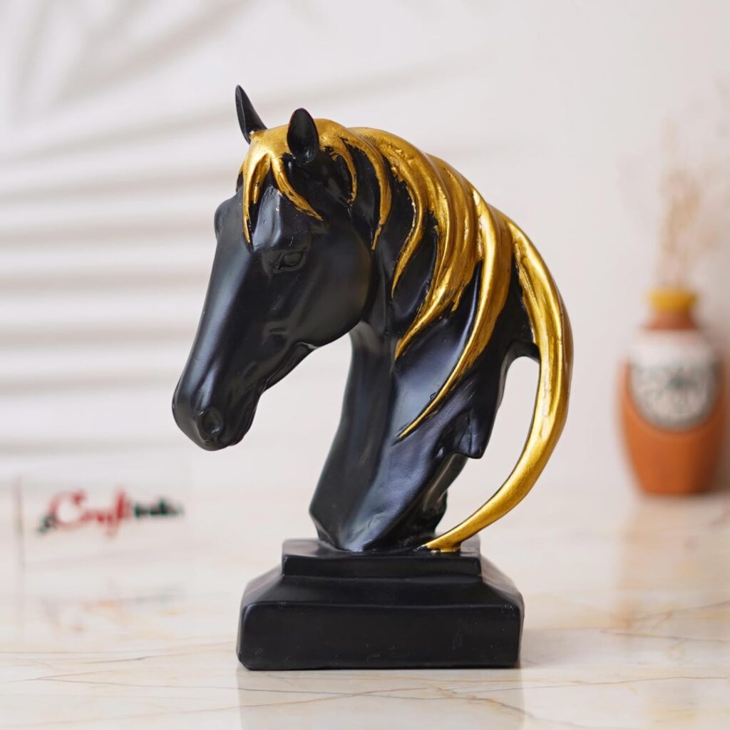 Resin black horse head statue with golden hair for home decor