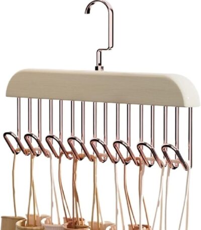 Premium thickened wooden belt hanger with 8 metal hooks for closet organization