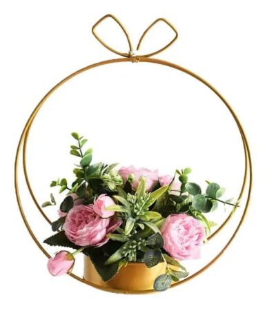 Dual-use round metal planter vase for tabletop and hanging display