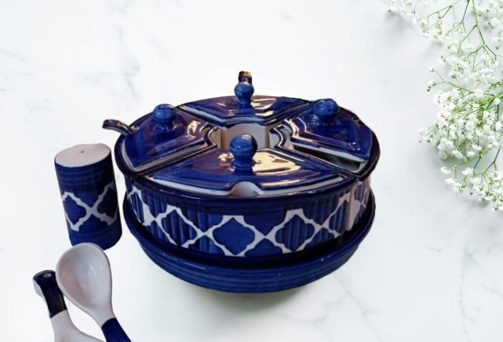 Elegant handpainted ceramic pickle serving jar set with matching salt dispenser