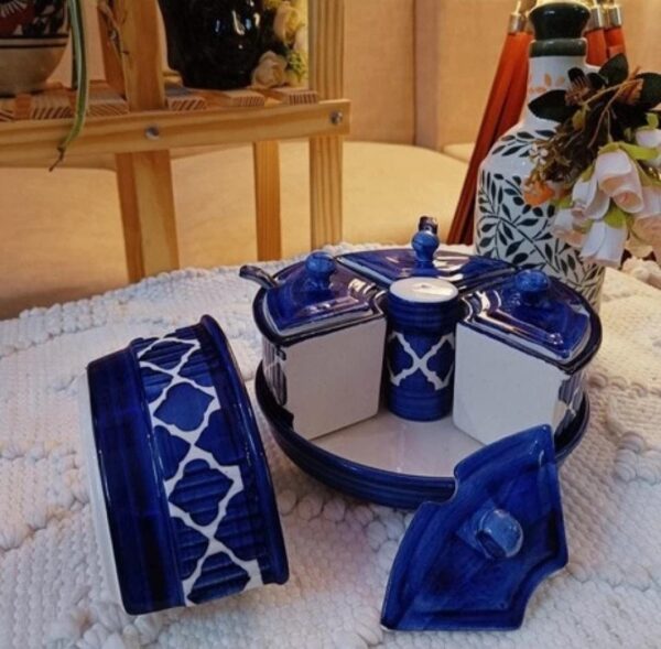 Handcrafted handpainted ceramic pickle jar set with salt dispenser for dining