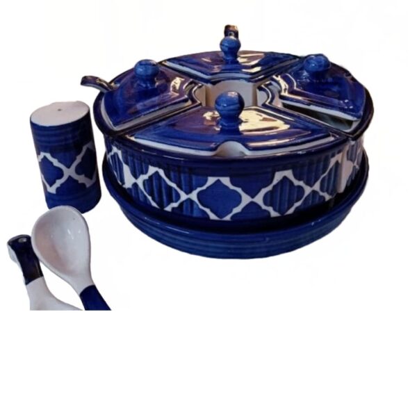 Elegant handpainted ceramic pickle jar set with matching salt dispenser for home use