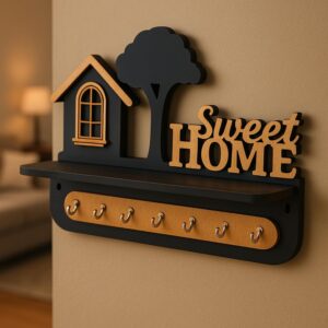 Premium 3D wooden key holder with 6 stainless steel hooks for home wall décor